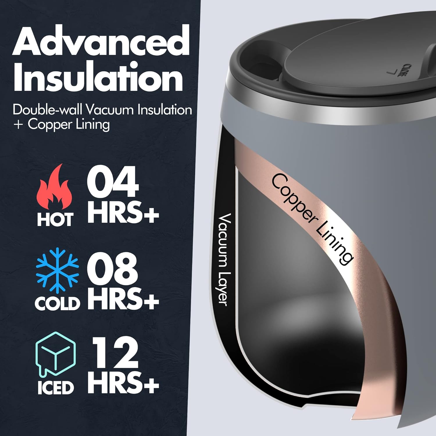 GRANDTIES 19 Colors Premium Vacuum Insulated Mug, 16.2 fl oz (460 ml), Mug with Easy Open Slide Lid, Stainless Steel, Double Wall Vacuum Insulation, Hot & Cold Protection, Popular in Office (Atlantis