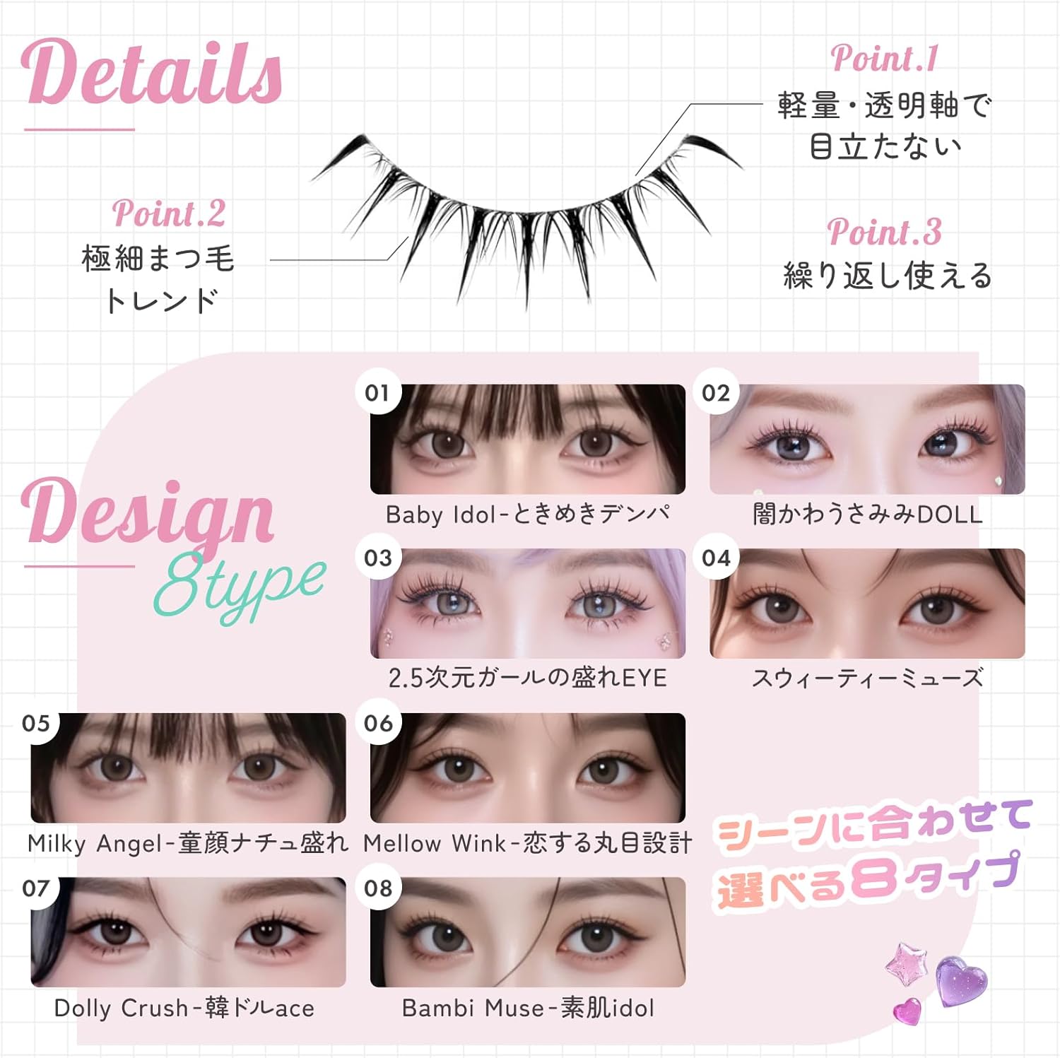 Lumieyes Dream Eyedoll Natural False Eyelashes, Transparent, 5 Pairs Included, Short, Cute, Buttocks Eyelashes, Popular, Handmade, Actress Eyelashes, Cosplay Makeup, Mine Type (01Baby Idol-Tokimeki Denpa)