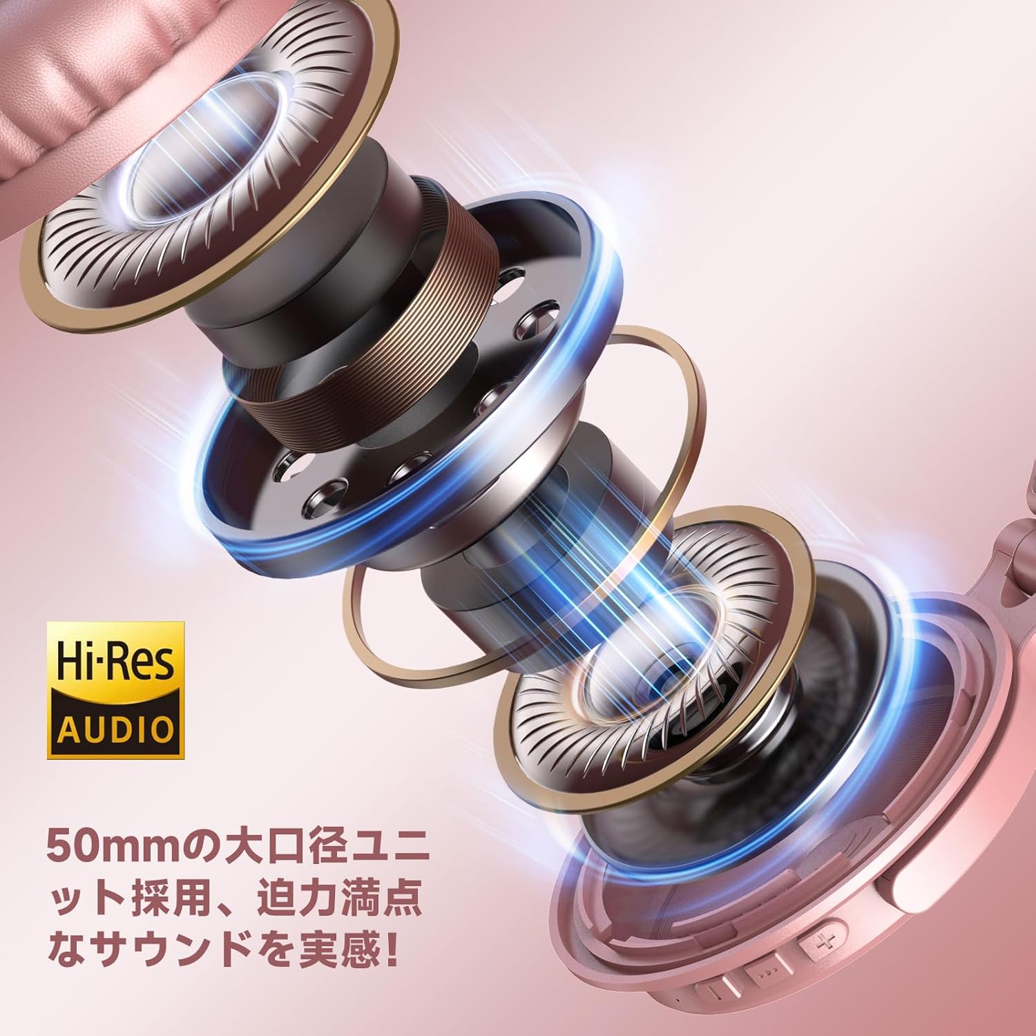 OneOdio Wireless Headphones, Up to 110 Hours of Continuous Playback, Bluetooth Headphones, Heavy Bass, Wired Hi-Res, Multi-Point Support, Built-in Microphone, Hands-Free Calling, Pro C, Rose Gold