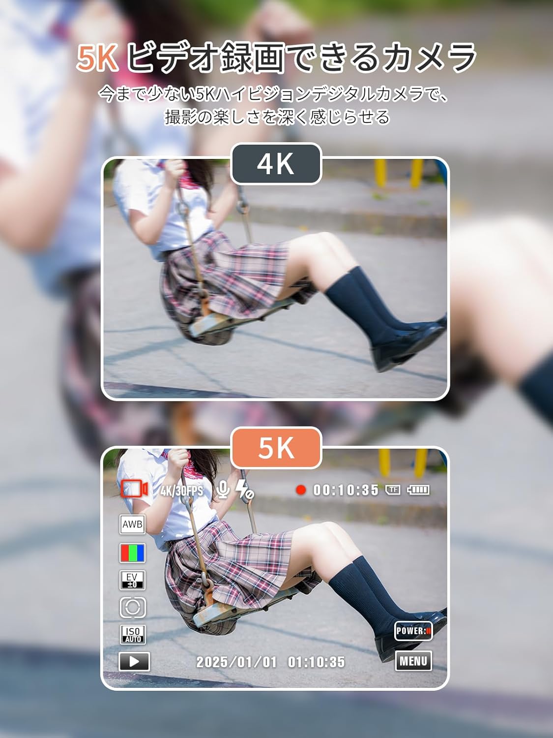 AiMike Digital Camera, 5K Digital Camera, WIFI Transfer Function, 72 Megapixels, 64 GB Micro SD Card, 16x Digital Zoom, Autofocus Function, LED Light, Webcam, 2.8 Inch Large Screen, 2 Batteries