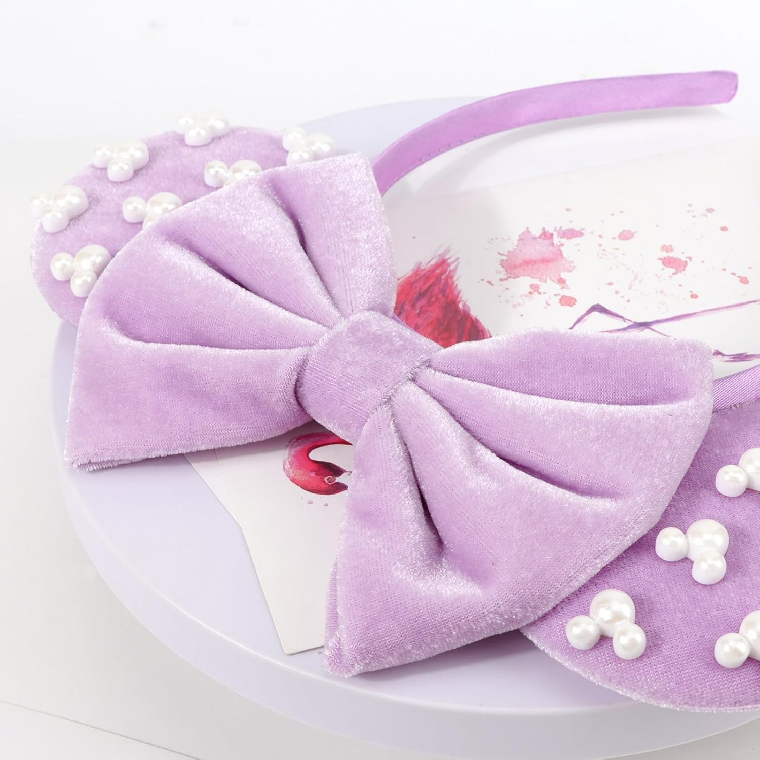 DRESHOW - Diademas con orejas de ratón para mujeres, cintas de pelo de perlas, lazos para la cabeza, cintas de terciopelo, disfraz de cosplay de Navidad, disfraz de princesa, decoración para fiestas