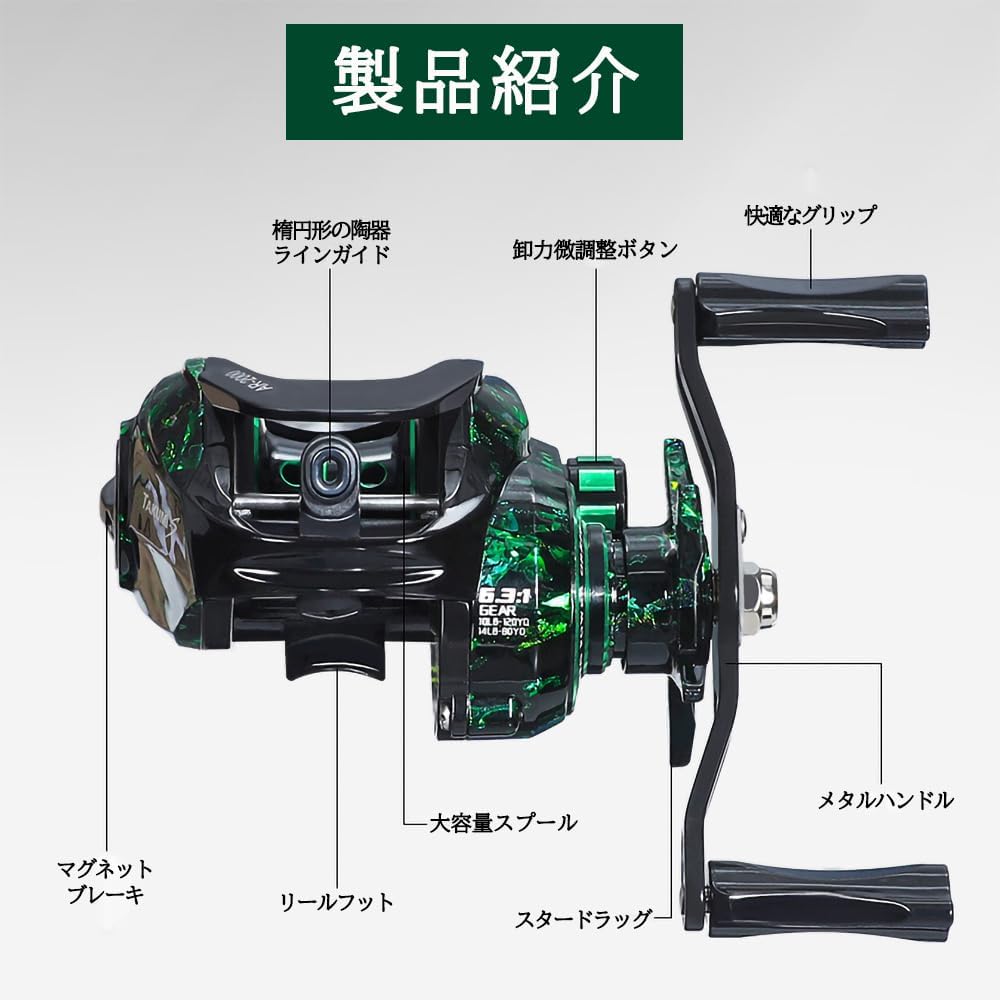 Bait Reel, Saltwater Fishing, Freshwater Fishing, Dual Use, Left/Right Handle, Ultra Lightweight, Strong Magnetic Brake, Far Throw, Maximum Drag Force, 17.6 lbs (8 kg), Gear Ratio 6.3:1