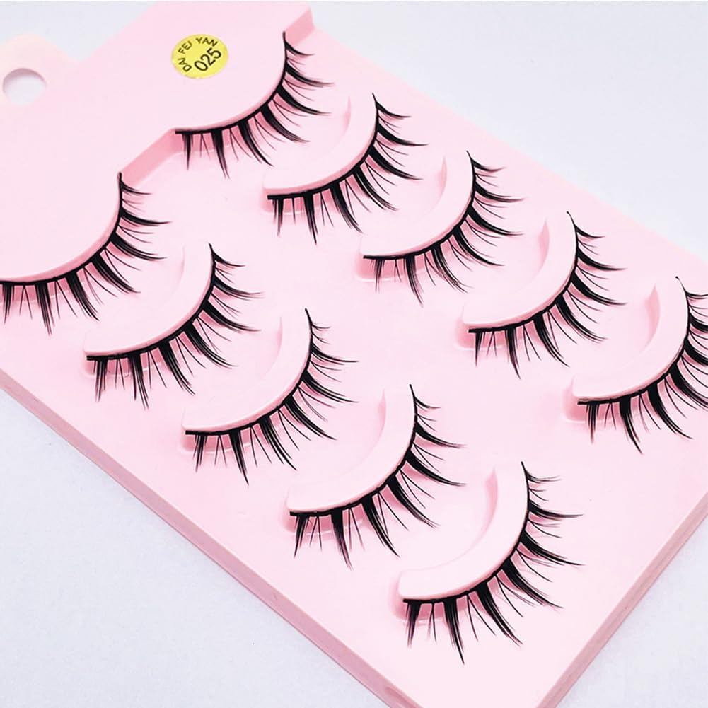Philimumu False Eyelashes, Natural Bunchy False Eyelashes, Black Axis Handmade, Ultra Lightweight, Soft Close Eyelashes, Eye Lash Design, Easy for Beginners, For Everyday Use, 5 Pairs (025)