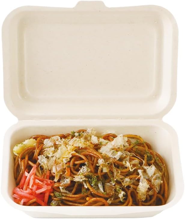 ECO&BASIC Reusable Lunch Box, Disposable, 450ml, Laminated, 50-Pack, Microwave Safe, Takeout, Bagasse, Unbleached, Rice-Resistant, Water & Oil Resistant, Eco-Friendly, Plant-Based, Commercial Use