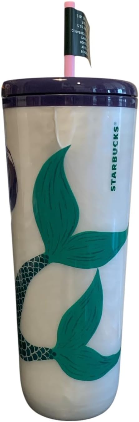 Starbucks Siren Mermaid Pearlescent Purple Venti - Vaso de doble pared con tapa para popote o sorbo 24 onzas