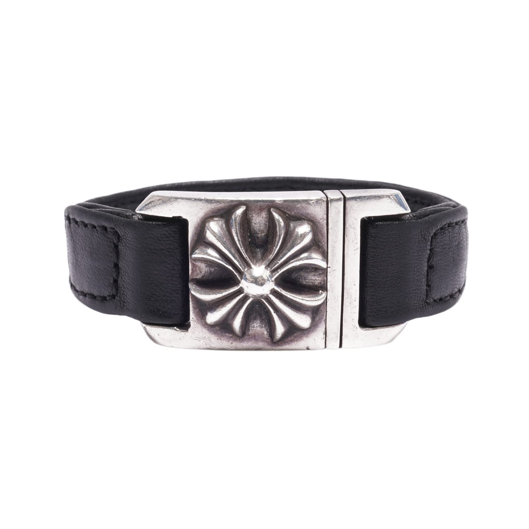 CHROME HEARTS 'LEATHER SILVER CROSS' BRACELET