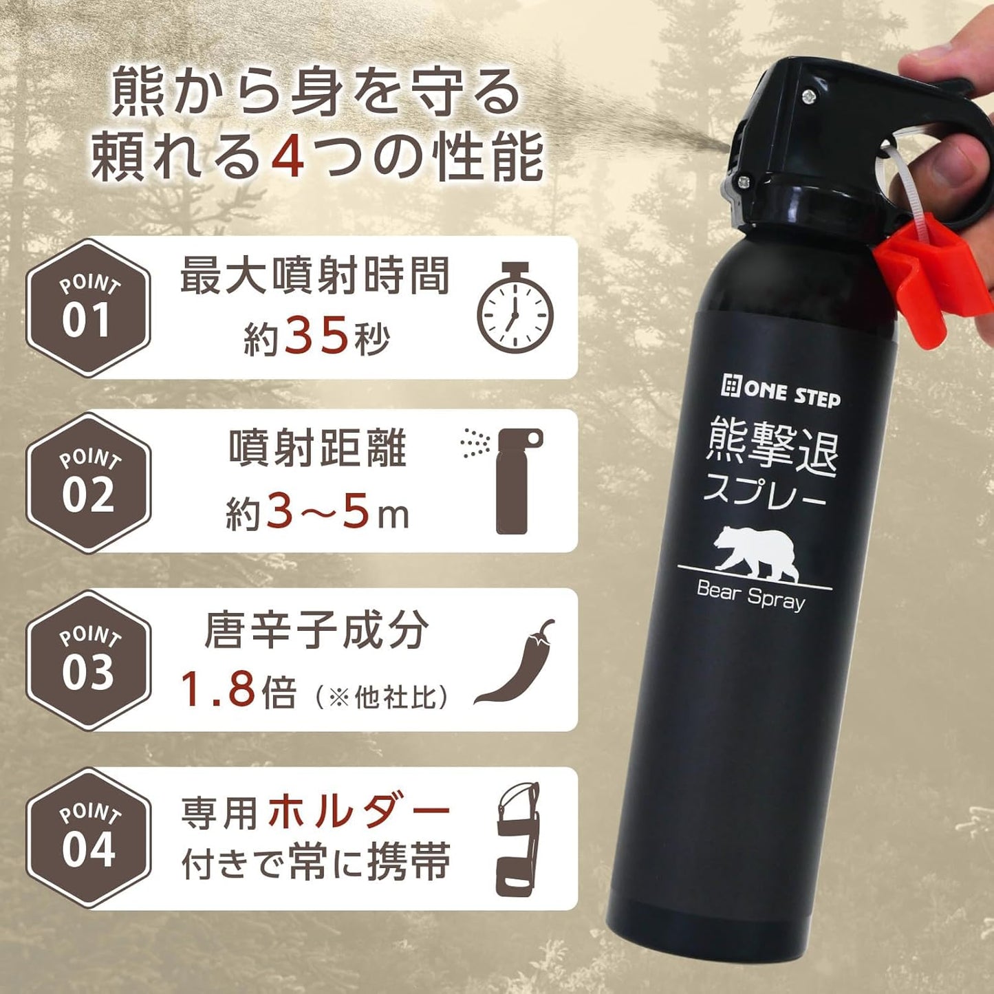 Bear Repellent Spray, Super Powerful Spray, Up to Approx. 35 Seconds Continuous, 9.2 fl oz (260 ml) Large Capacity, Approx. 9.8 - 16.4 ft (3 - 5 m), For Mountain Climbing, Camping, Disaster Prevention, Portable, Safety Lock & Dedicated Holder Included