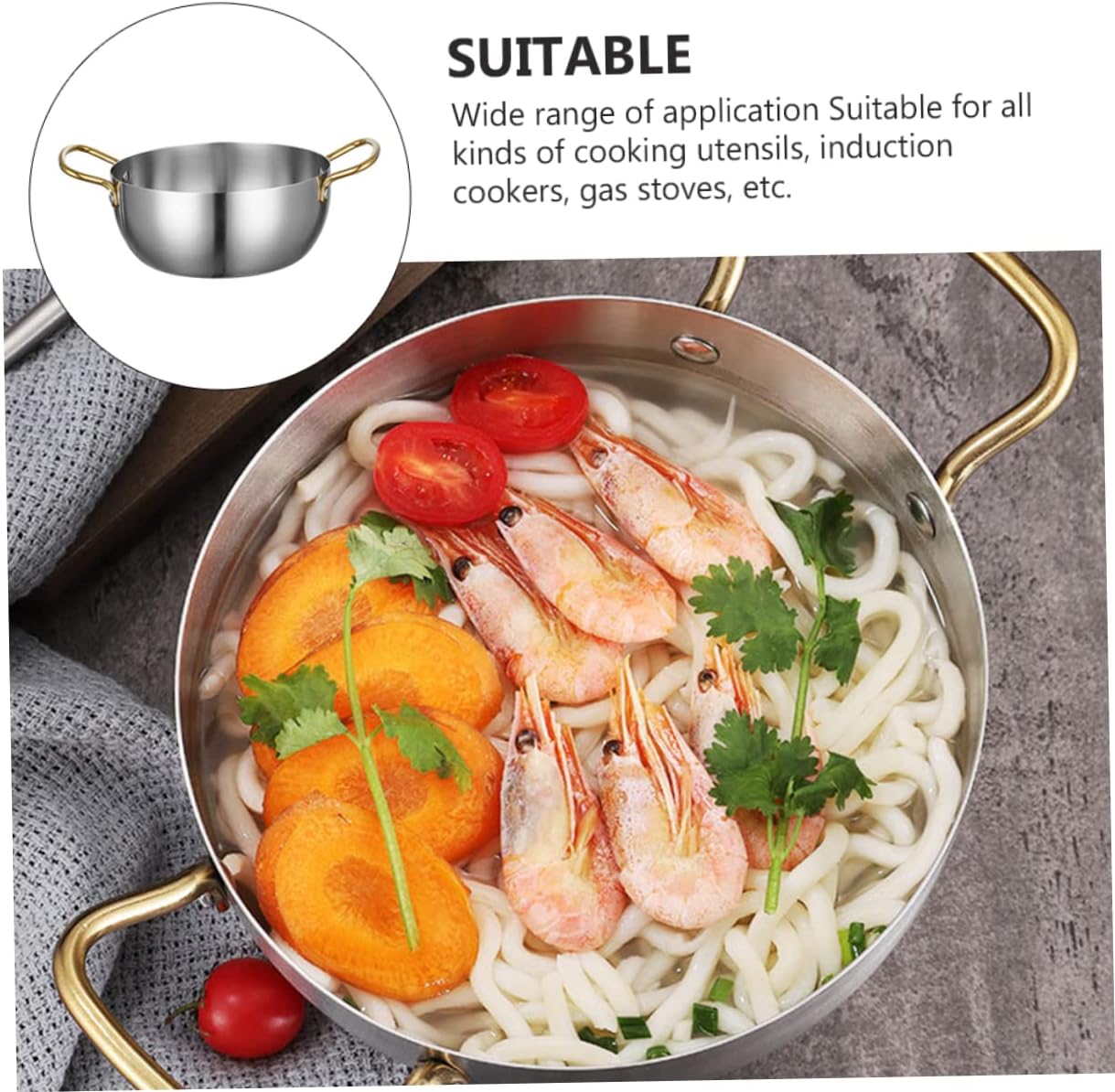 UTHCLO 1 Piece Ramen Pot Instant Noodles Seafood Food Cooking Pot Portable Eel Pot Ramen Aluminum Pot Instant Udon Pot Stainless Steel Binaural Pot Stainless Steel Silver