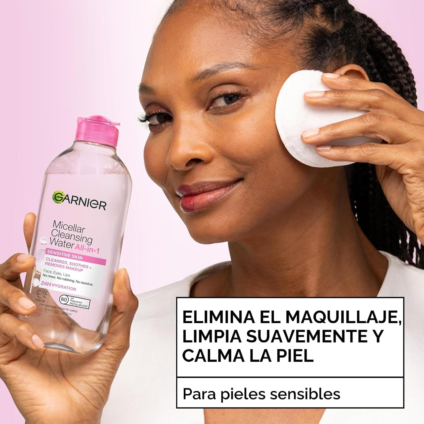 Agua micelar Garnier, limpiador facial hidratante y desmaquillante, adecuada para pieles sensibles, vegana, sin crueldad animal, 13.5 fl oz (400mL), 1 unidad