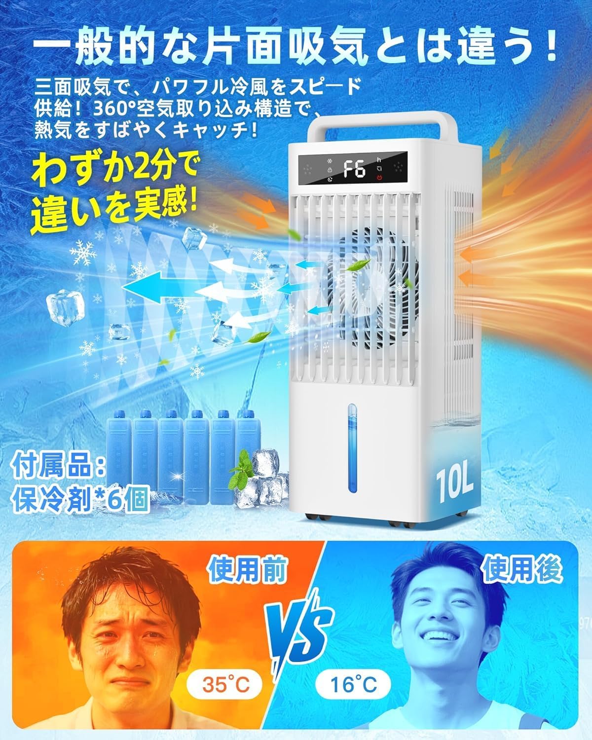 Cooling Fan, Powerful 2.0 gal (10 L) Water Tank + 6 Dedicated Cooling Pack (2026 Industry New Model Cooling Fan, Three Side Air Suction), Large Capacity, LED Touch Operation, High Efficiency