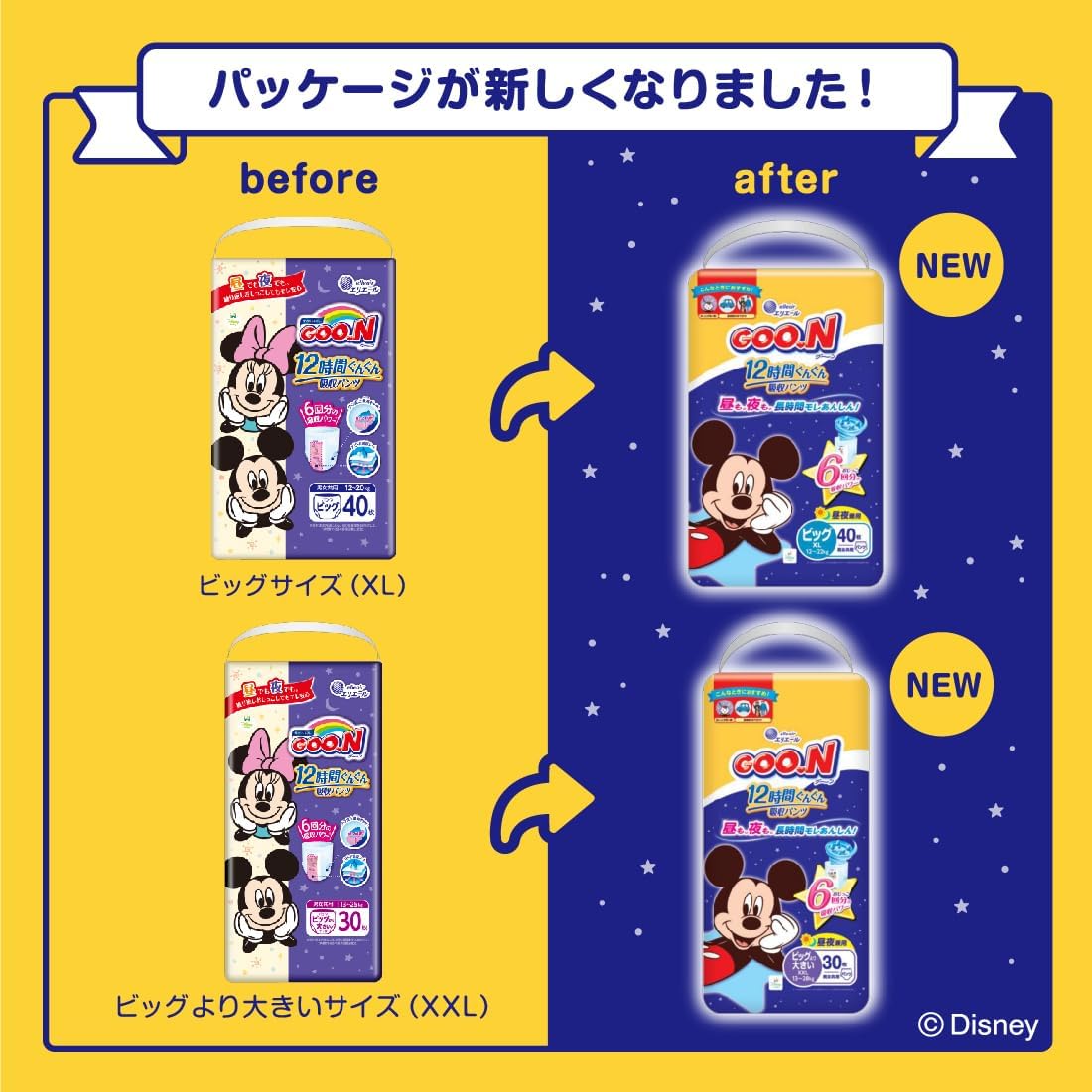 Pants Larger Than Big Size, Goon, 12 Hour Absorbency Pants, Diapers, 28.7 - 55.1 lbs (13 - 25 kg), 30 Pieces, Unisex (Disney Design)