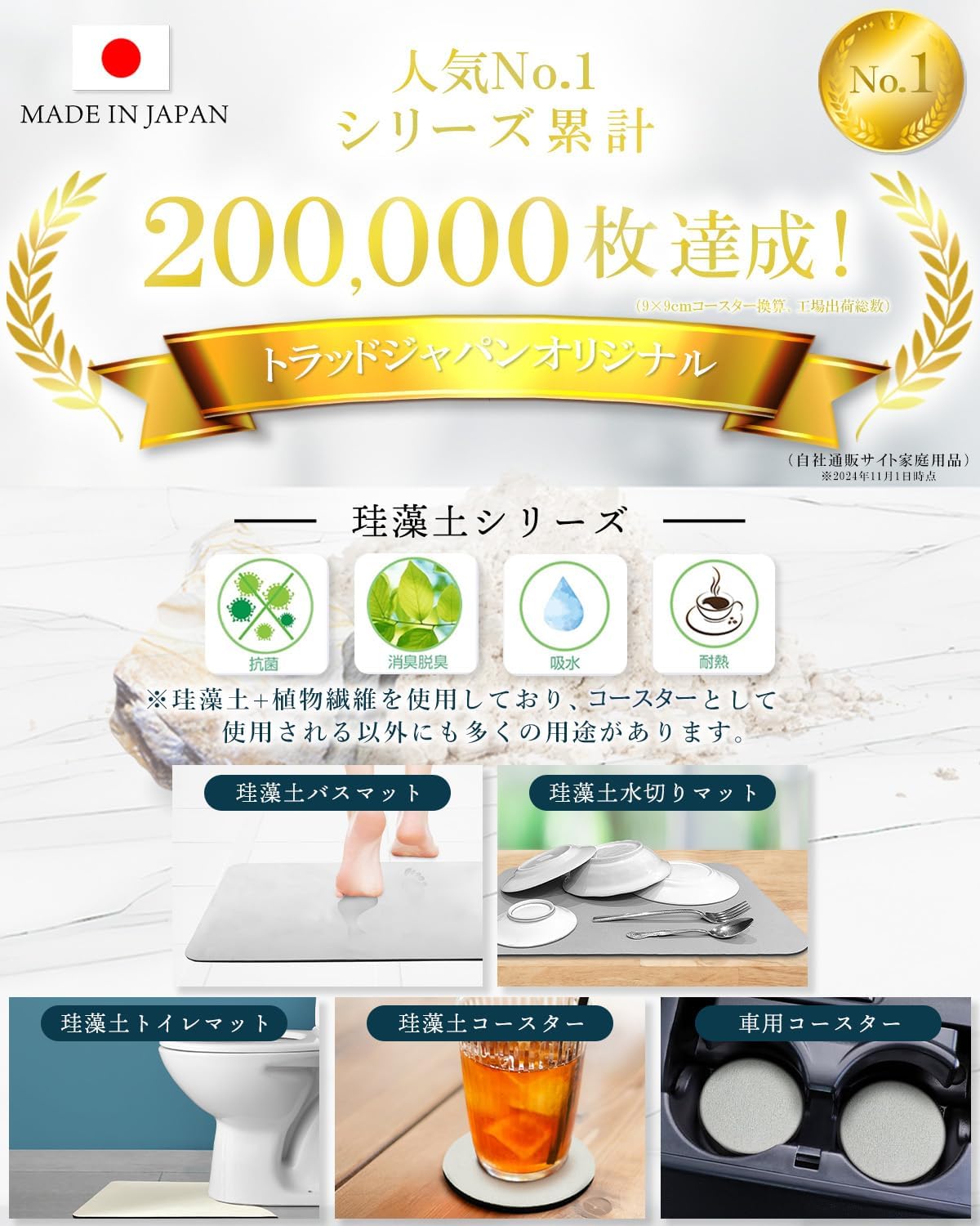 Coaster Diatomaceous Earth, Made in Japan, Silver Ion, Stylish, Water Absorption (2 Square, Light Gray)