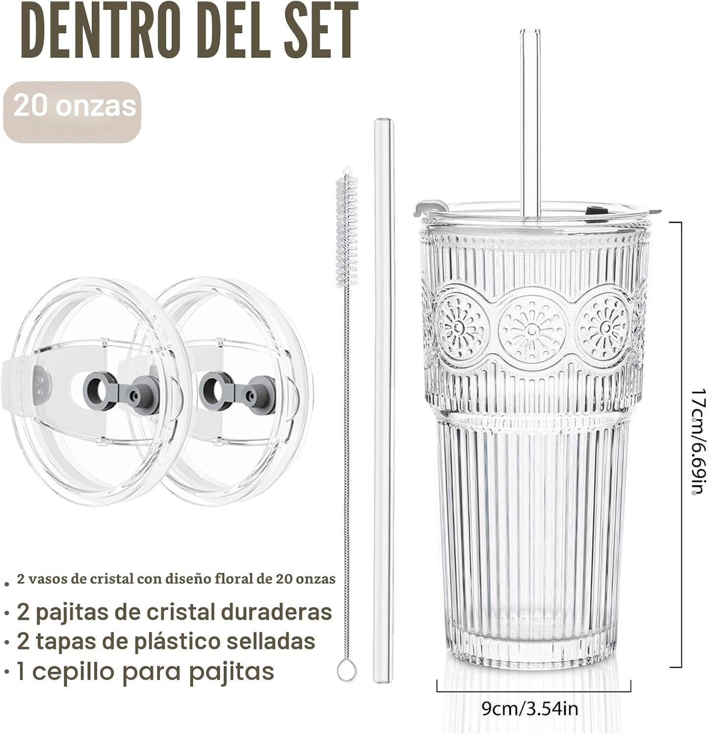 SoulTimes Juego de 2 vasos de vidrio acanalados y florales de 20 onzas, vasos de vidrio reutilizables con tapa y popote de vidrio, tazas de café helado para agua, batido, leche, cóctel y más, perfecto