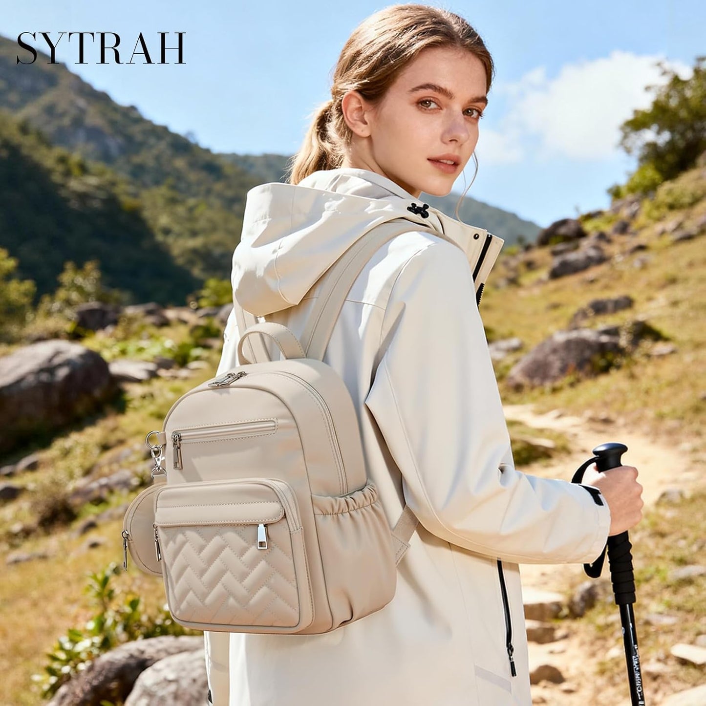 SYTRAH - Mochila antirrobo para mujer, mochila de viaje acolchada impermeable con cremalleras de bloqueo y monedero, mochila acolchada compacta para el trabajo, viajes y aeropuerto, elegante y ligera caqui