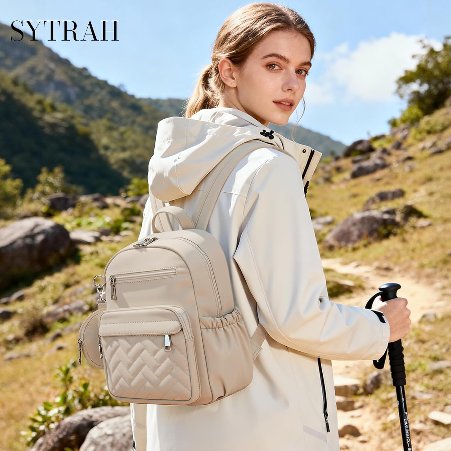 SYTRAH - Mochila antirrobo para mujer, mochila de viaje acolchada impermeable con cremalleras de bloqueo y monedero, mochila acolchada compacta para el trabajo, viajes y aeropuerto, elegante y ligera caqui