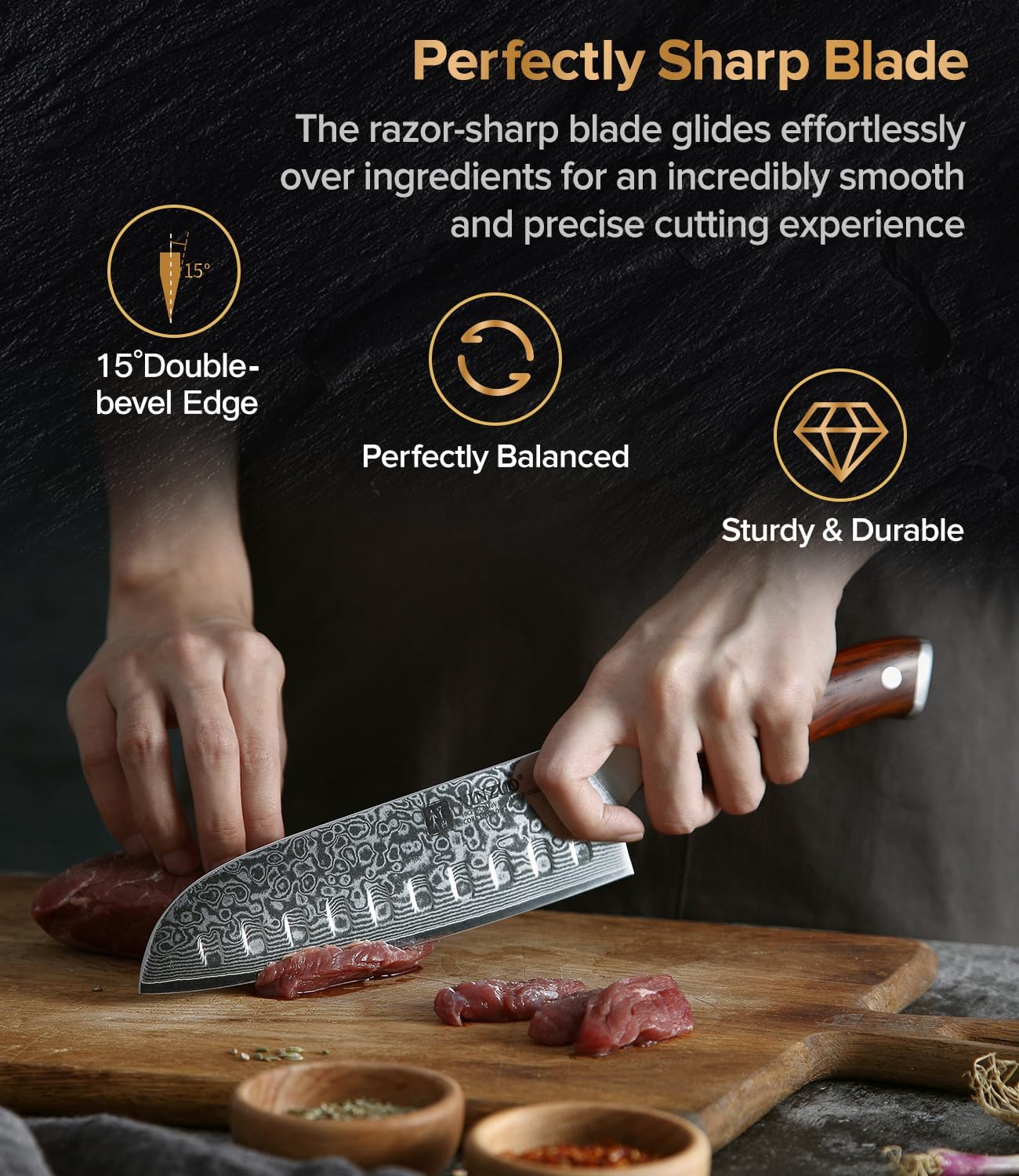 XINZUO Damascus Steel Santoku Knife 18cm Santoku Knife - Professional Chef Knife Multifunctional Kitchen Cooking Knife, Suitable for Cutting Meat, Vegetables and Fruits - Ergonomic Rose Wood Handle