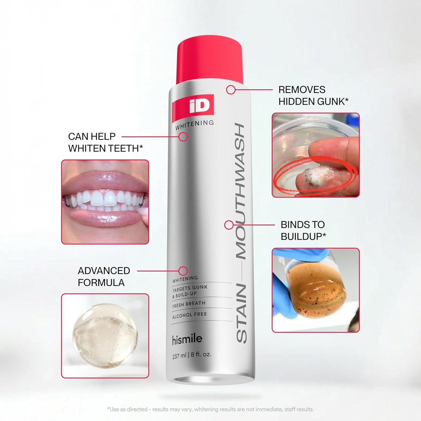 Hismile iD - Enjuague bucal blanqueador de manchas, enjuague bucal que elimina la suciedad para un aliento fresco, enjuague bucal de peróxido de hidrógeno para promover dientes más blancos, enjuague con peróxido con aceites esenciales, 8.0 fl oz