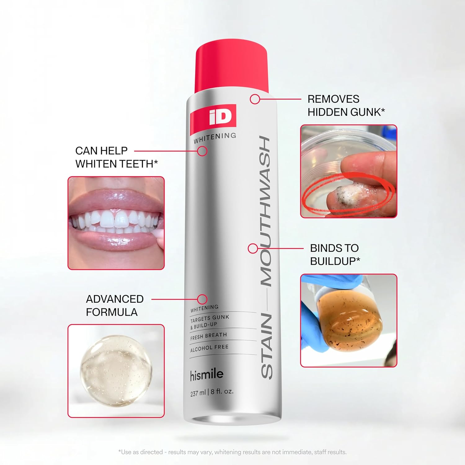 Hismile iD - Enjuague bucal blanqueador de manchas, enjuague bucal que elimina la suciedad para un aliento fresco, enjuague bucal de peróxido de hidrógeno para promover dientes más blancos, enjuague con peróxido con aceites esenciales, 8.0 fl oz