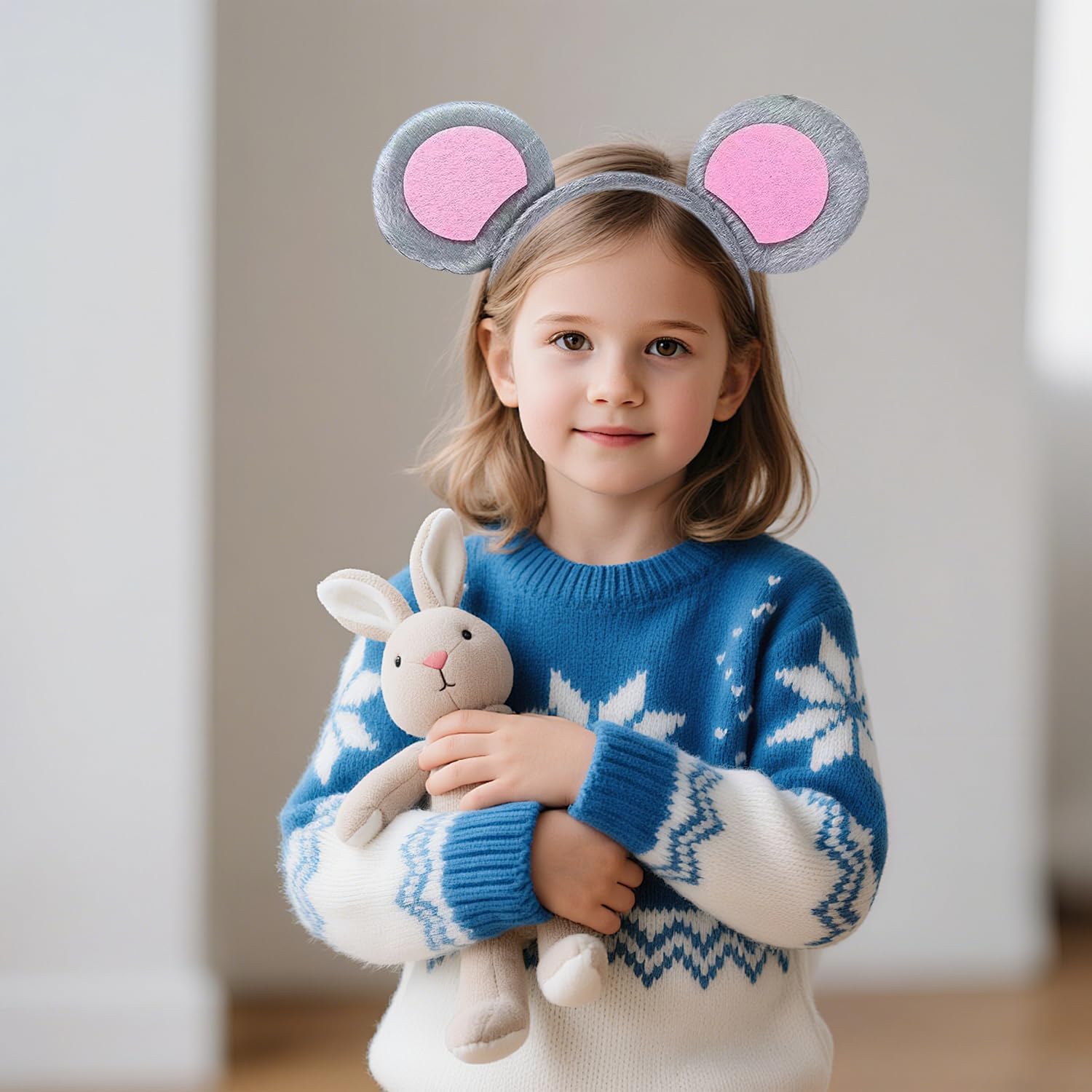 Pack of 2 Mouse Ears Headband Grey & Pink Soft Fabric Rat Ears for Adults and Children, Costume Accessories Carnival Party Halloween