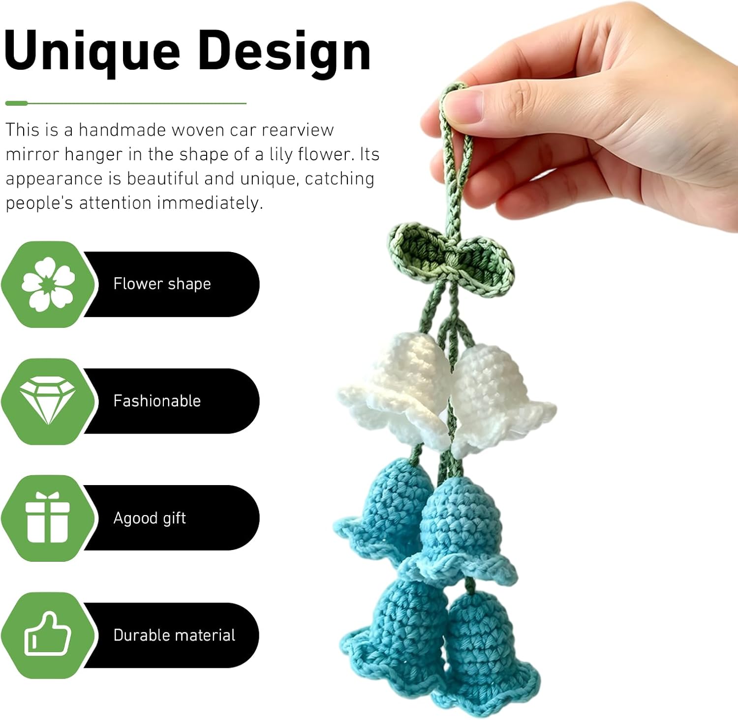 Car Mirror Lily Flower Hanging Ornament, Handmade Knitted Sweet Flower Design Rear View Mirror Pendant, Gradient Auto Interior Rearview Decor, Universal for Most Cars, SUVs, Trucks (Blue)