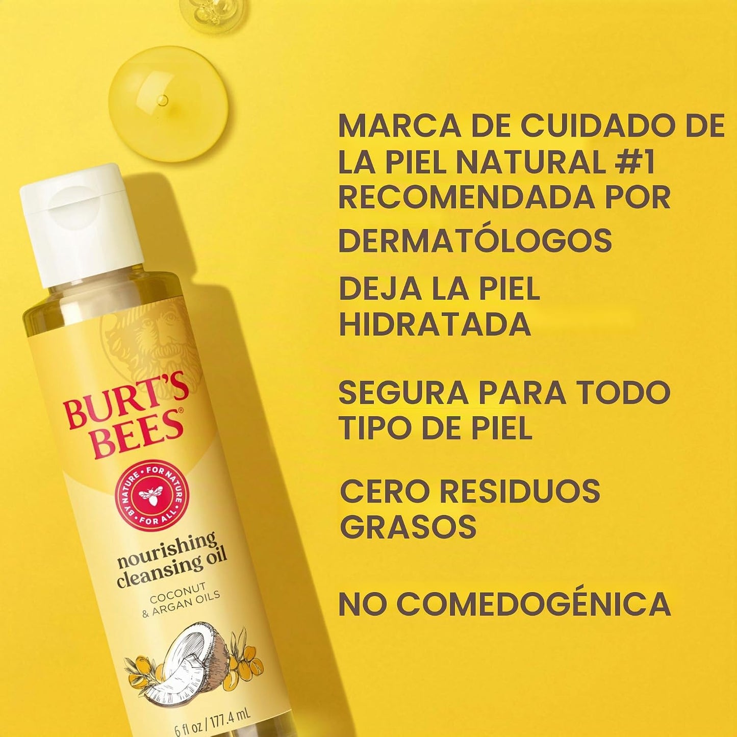 Burt's Bees Aceite limpiador nutritivo con aceites de coco y argán, aceite facial limpiador para pieles normales a secas, esenciales para el dormitorio universitario de regreso a clases, cuidado de la