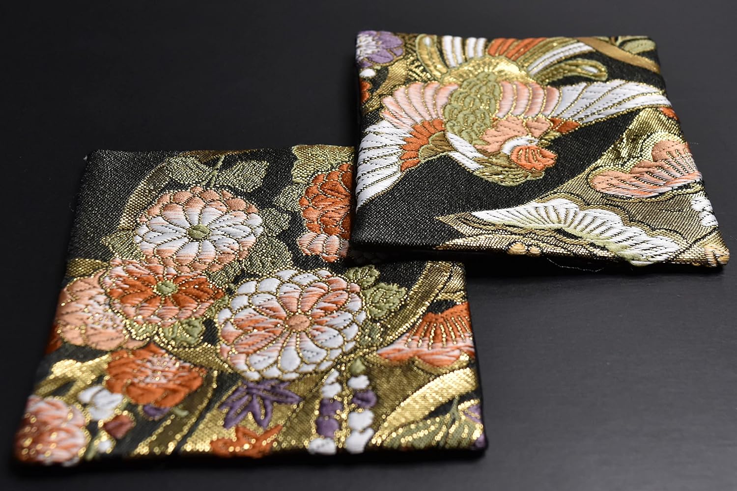 Perfect for Gifts, Ready to Give as is, Boxed, Pre-wrapped, Gold Brocade Weave, Japanese Style, Set of 5 Kimono Coasters (Asuka)