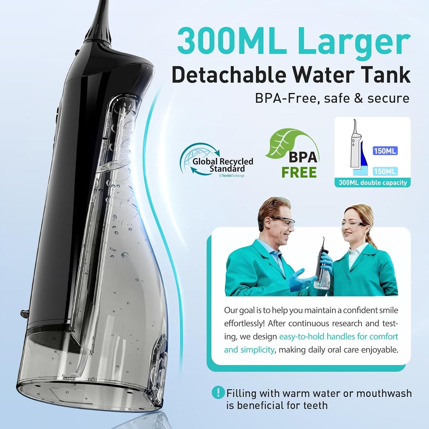 COSLUS ADA Accepted Water Dental Flosser Teeth Pick C20: Portable Cordless Oral Irrigator 300ML Rechargeable Travel Irrigation Cleaner IPX7 Waterproof Electric Flossing Machine, Professional Set Black