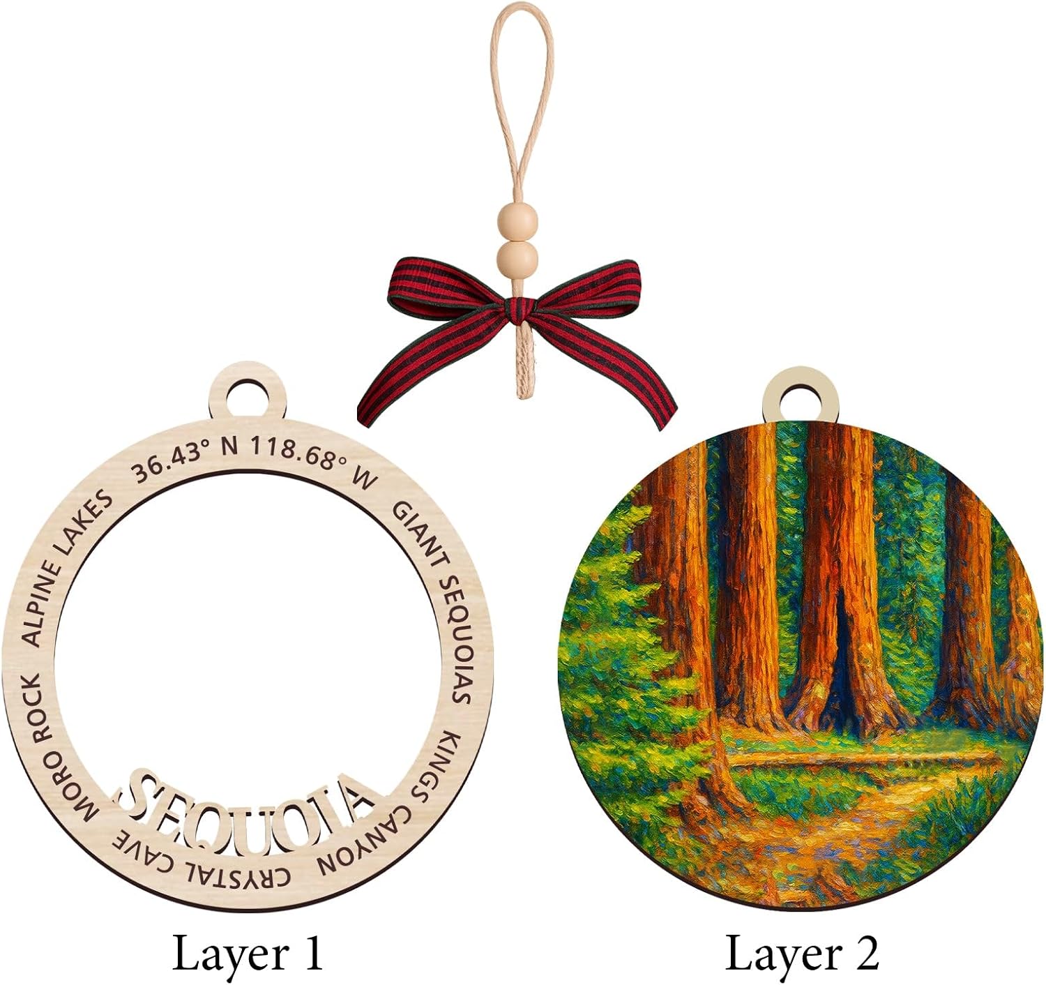 Sequoia - Adorno de madera del Parque Nacional – 2 capas de recuerdo de Navidad – Recuerdo de viaje de Parques de Estados Unidos – Regalo para excursionistas – Decoración de madera de 2 x 4