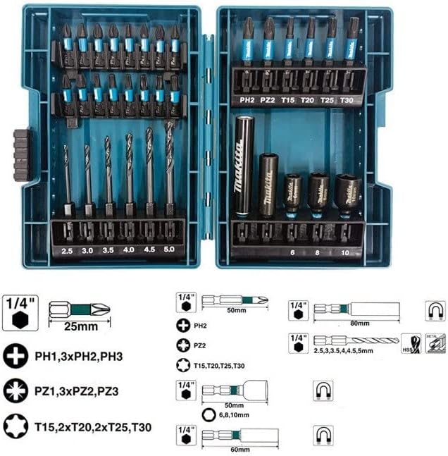 Makita Impact Driver Bit Socket Drill Bit 33-Piece Set with Hex Shank 0.25 inch (6.35 mm) Case E-06622 [Parallel Import]