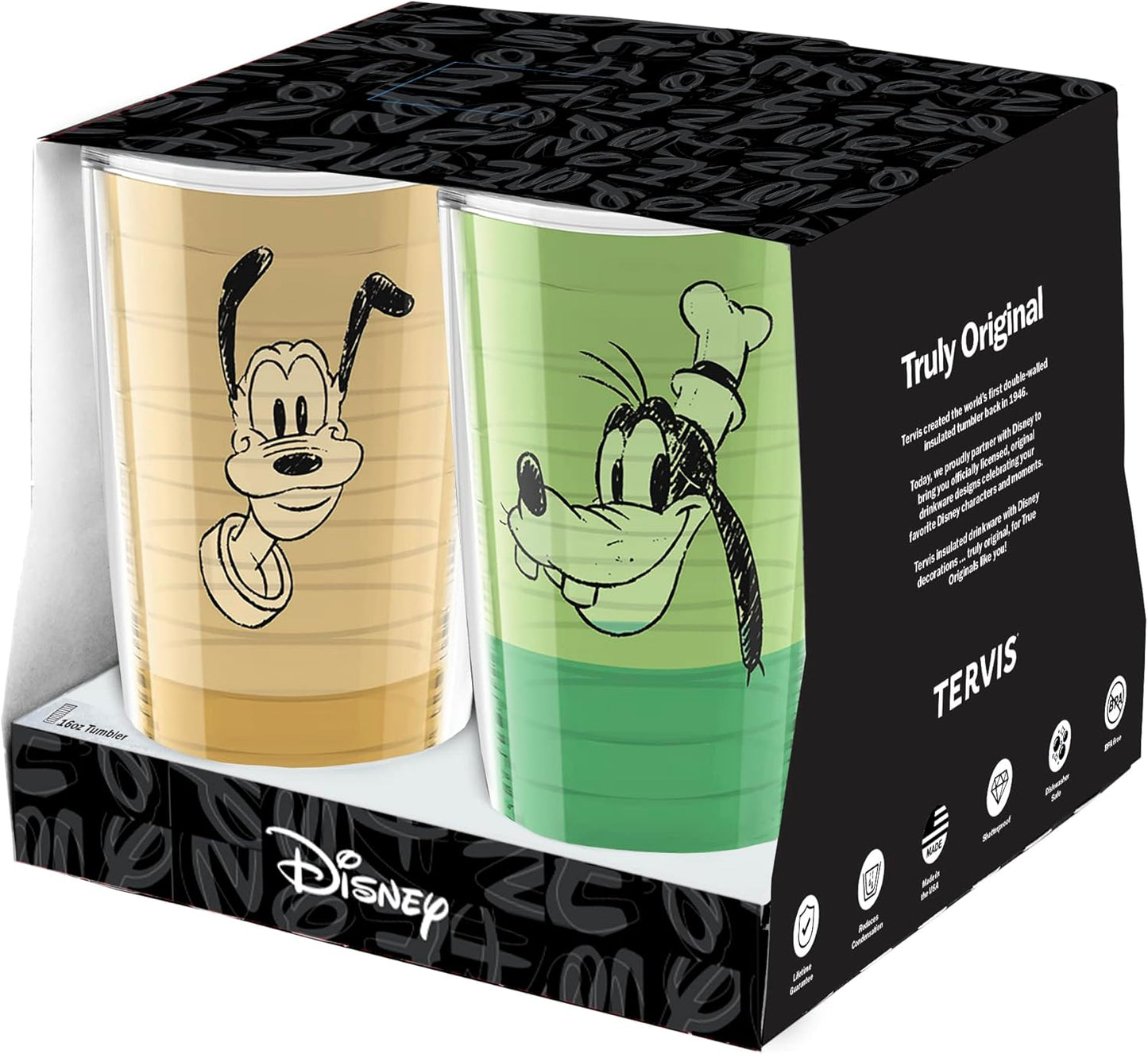 Tervis Disney Fundamentals Collection - Vaso aislado de doble pared hecho en Estados Unidos mantiene las bebidas frías y calientes, 16 onzas, paquete de 4, surtido