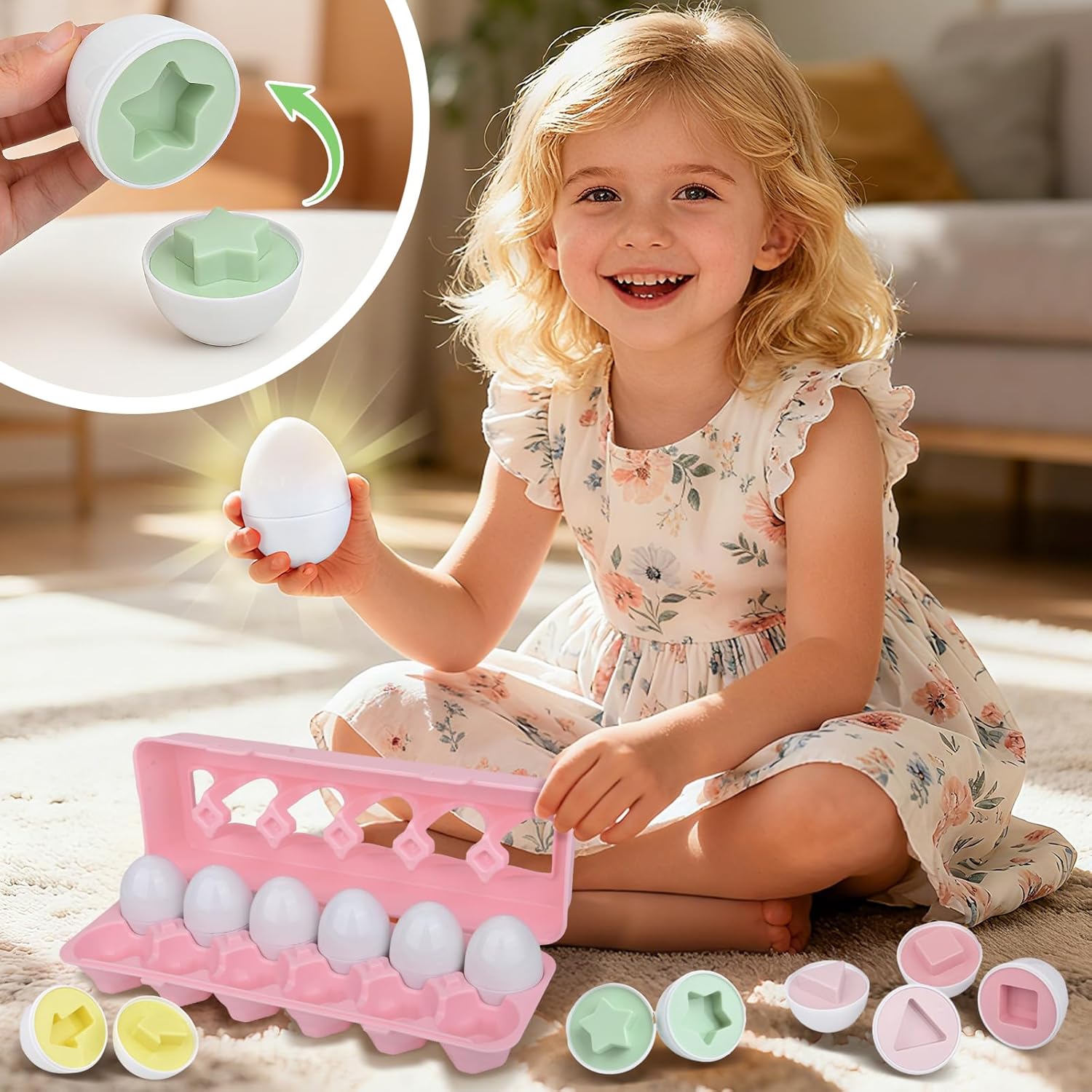 Montessori Matching Egg, Educational Toy, Shape Matching, Educational Toy, Matching Eggs, Toddlers, Set of 12, Colorful, Girls, Boys, Birthday Gift, Pale (Pink K)