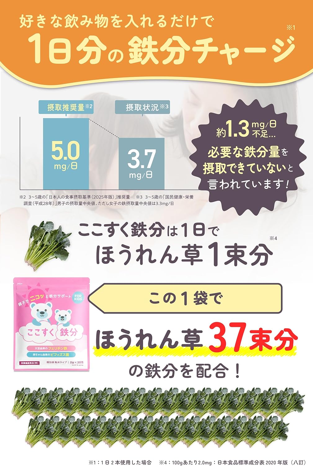 Kokosuku Iron Ferritin Iron Kids Supplement, Powder, 0.07 oz (2 g) x 30 Packets, Soy-Derived Fragrance, Bifidobacterium Blend, Drink, Juice, Sprinkle
