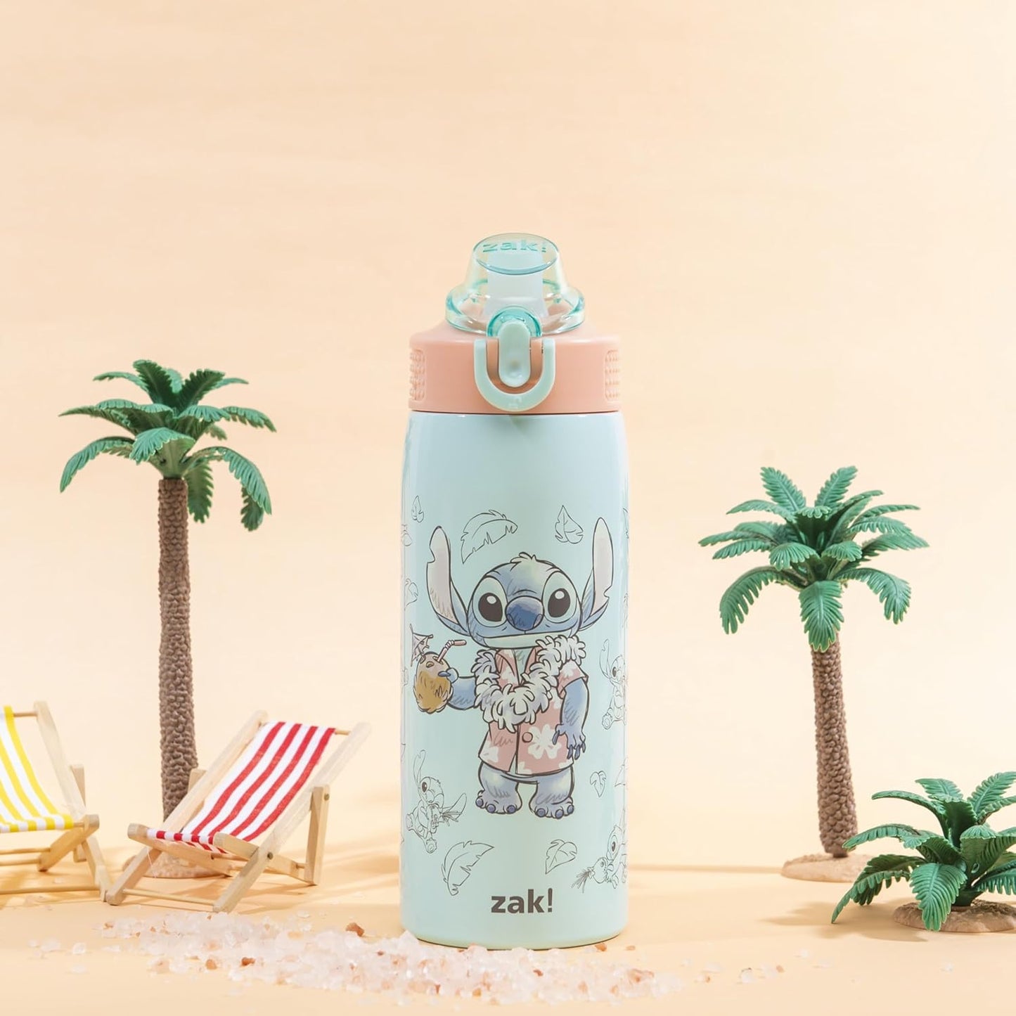 Zak Designs Disney Sage - Botella de agua para niños para la escuela o viajes, botella de agua de acero inoxidable de 19 onzas con pajita, asa y tapa de boquilla desplegable a prueba de fugas (Stitch)