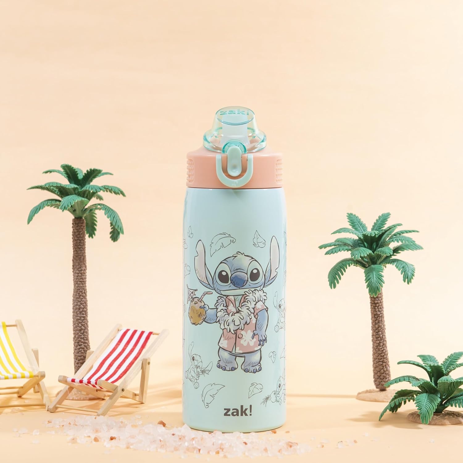 Zak Designs Disney Sage - Botella de agua para niños para la escuela o viajes, botella de agua de acero inoxidable de 19 onzas con pajita, asa y tapa de boquilla desplegable a prueba de fugas (Stitch)