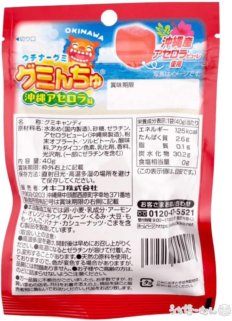 Uchina-Mun Gumminchu, Fruit, Juicy, Made in Okinawa Prefecture, Uses Fruit Juice, Souvenir, 1.4 oz (40 g), Acerola, 10 Bags with Stickers