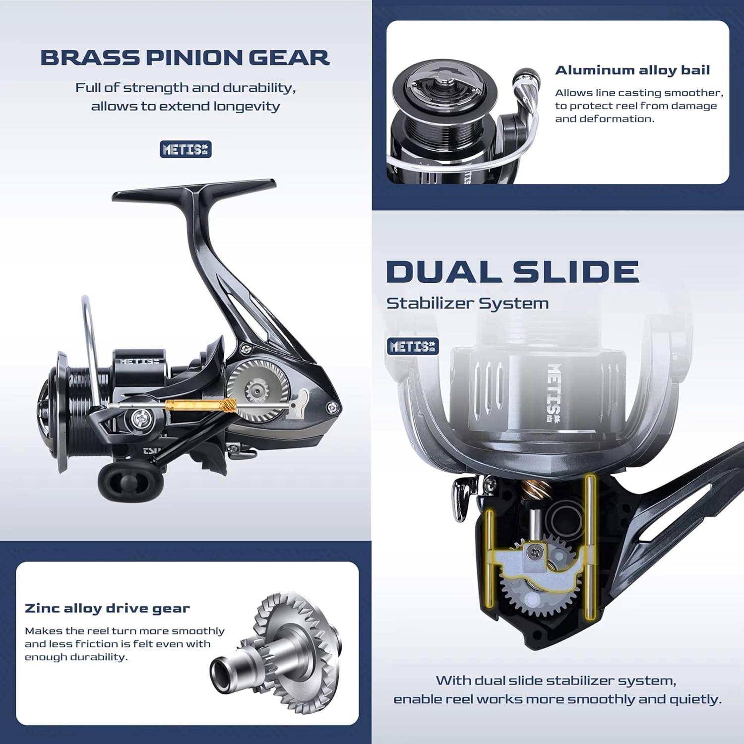 METIS Spinning Reel, 1000, 2000, 3000, 4000, 5000, Normal Gear, 5.2:1 Gear Ratio, Shallow Groove Spool Low End Model