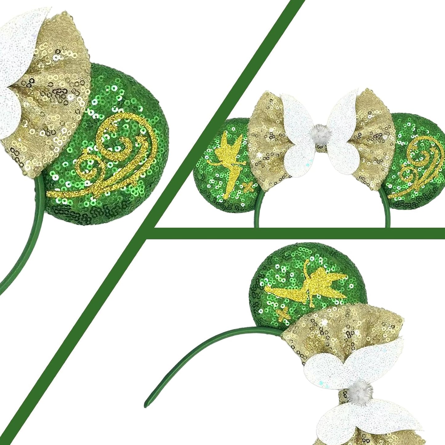 Diadema con orejas de ratón - Banda para el pelo con purpurina para fiestas en parques temáticos, blanco, verde, 1 recuento (paquete de 1)