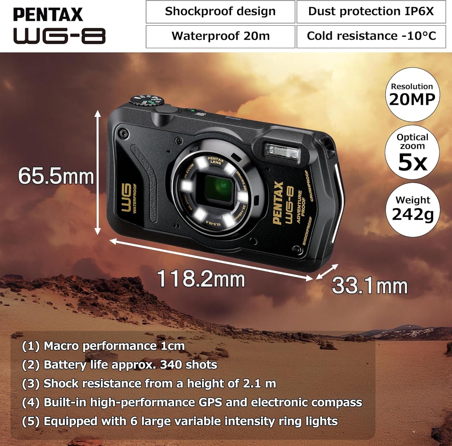 PENTAX WG-8 Black All-Weather Adventure Camera with Waterproof, Dustproof, Shockproof, Multi-Application Ring Light, Macro Shooting and Webcam Function