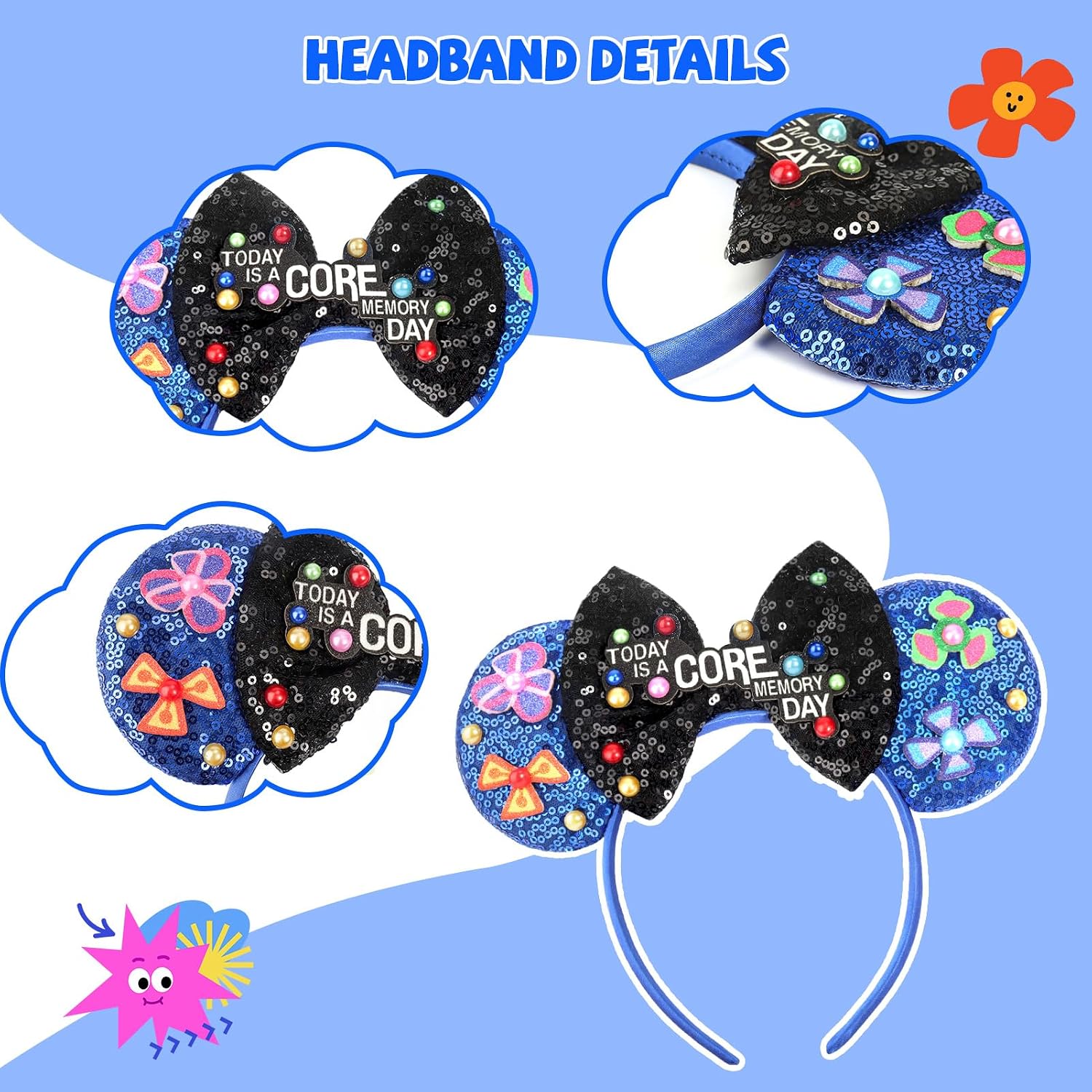 ETLUK Diadema con orejas de ratón, diadema azul con lazo de lentejuelas para mujeres, niñas y adultos, orejas de parque para cosplay, accesorios de decoración de fiesta
