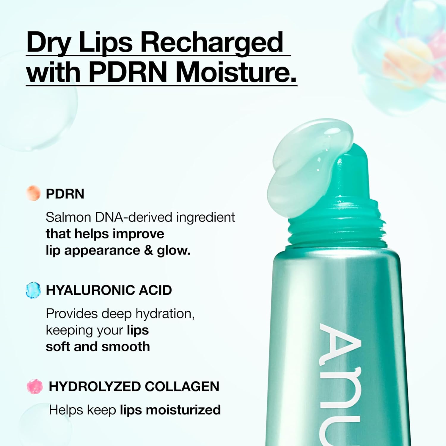 Anua PDRN - Suero labial, hidratación de larga duración para labios secos y agrietados, cuidado labial hidratante no pegajoso con ADN de salmón, ácido hialurónico y colágeno, cuidado de la piel coreano, 0.33 onzas líquidas