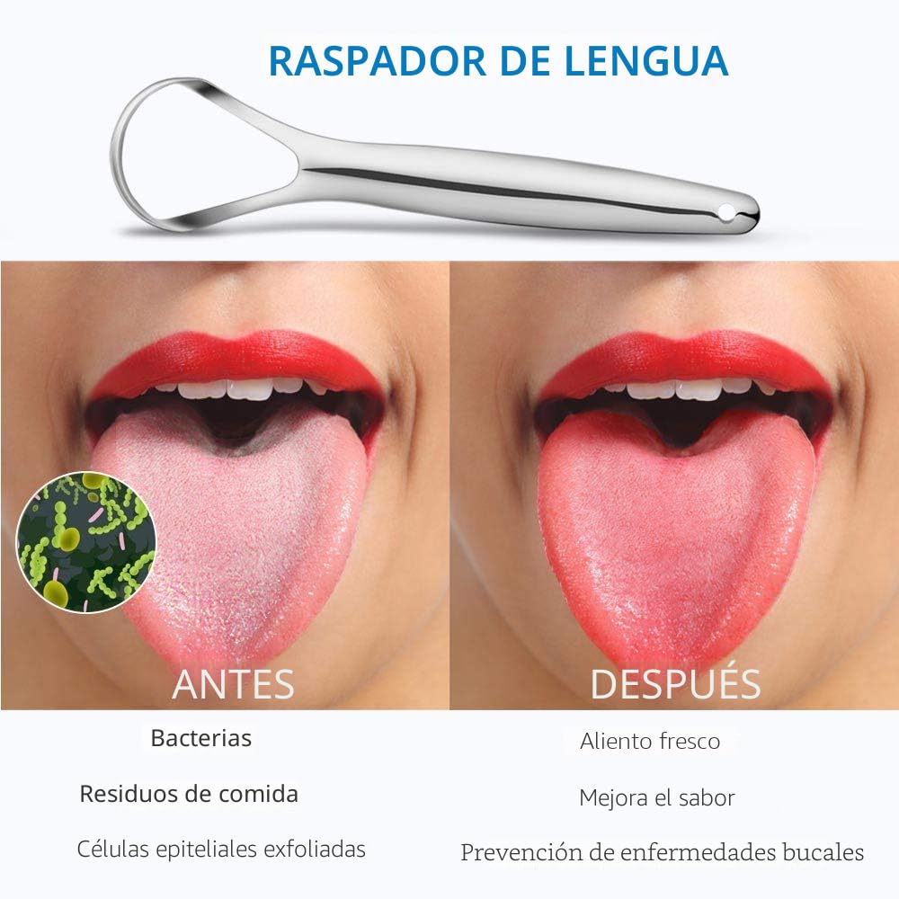 Cafhelp Paquete de 2 raspadores de lengua, 100% acero inoxidable quirúrgico 304, limpiador de lengua para adultos y niños, raspadores de lengua metálicos profesionales para reducir el mal aliento