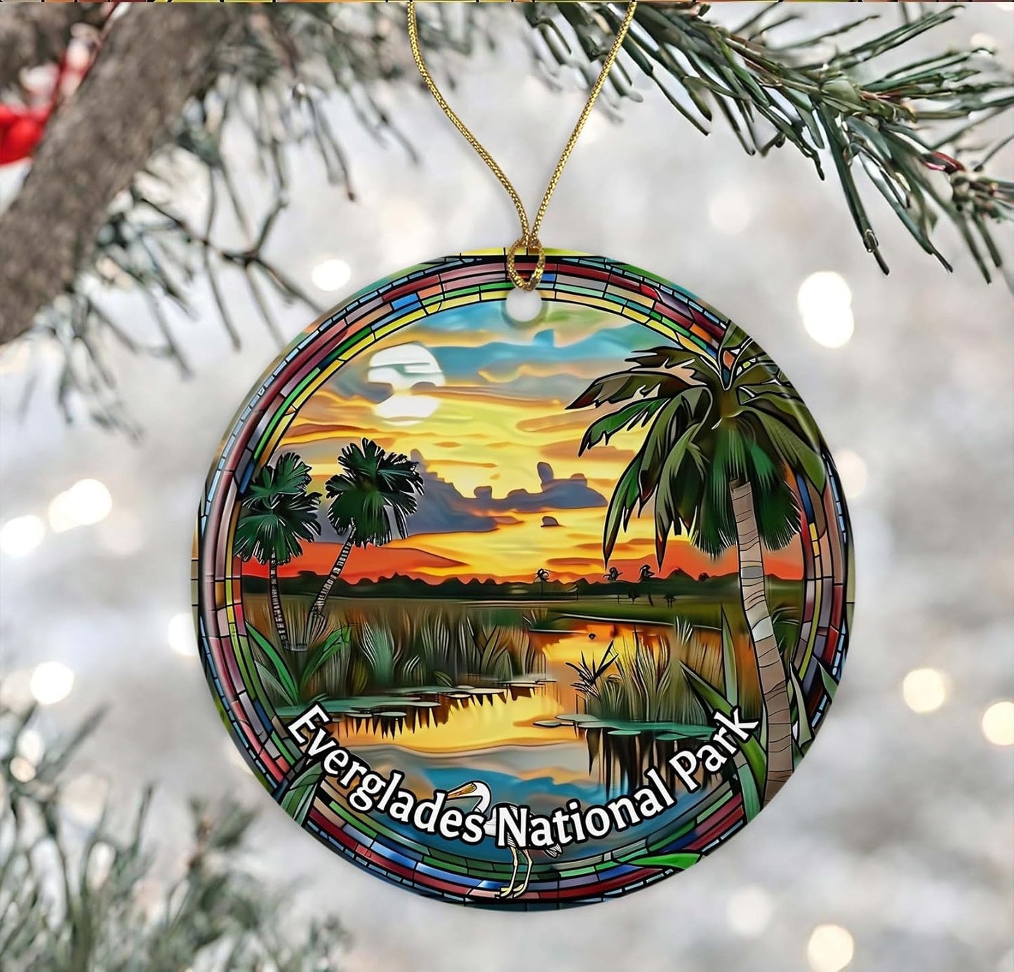 Everglades National Park - Adorno con aspecto de vitral, recuerdo de Navidad de los parques nacionales, recuerdo de viaje, regalo de cerámica impreso en ambos lados