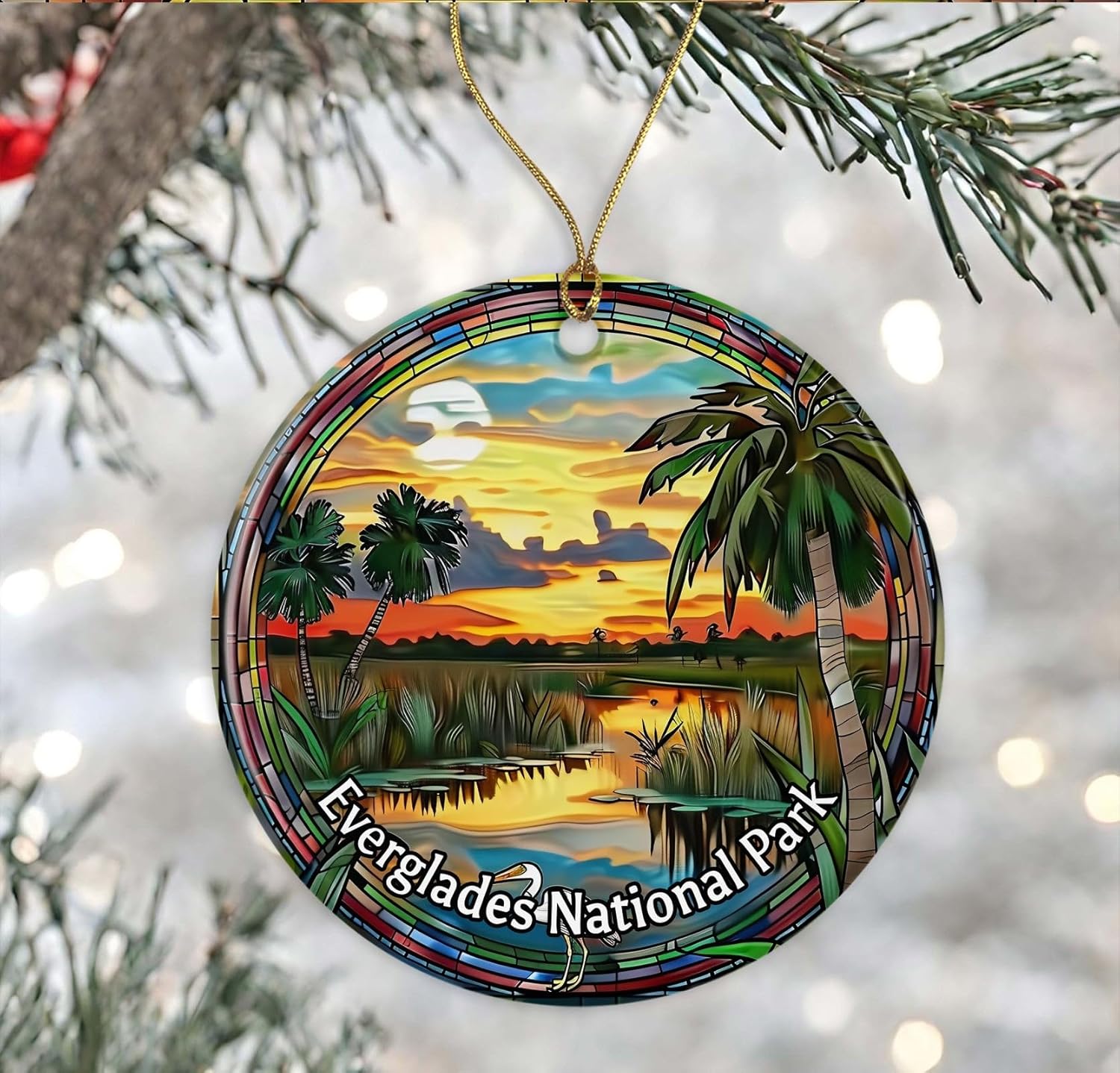 Everglades National Park - Adorno con aspecto de vitral, recuerdo de Navidad de los parques nacionales, recuerdo de viaje, regalo de cerámica impreso en ambos lados