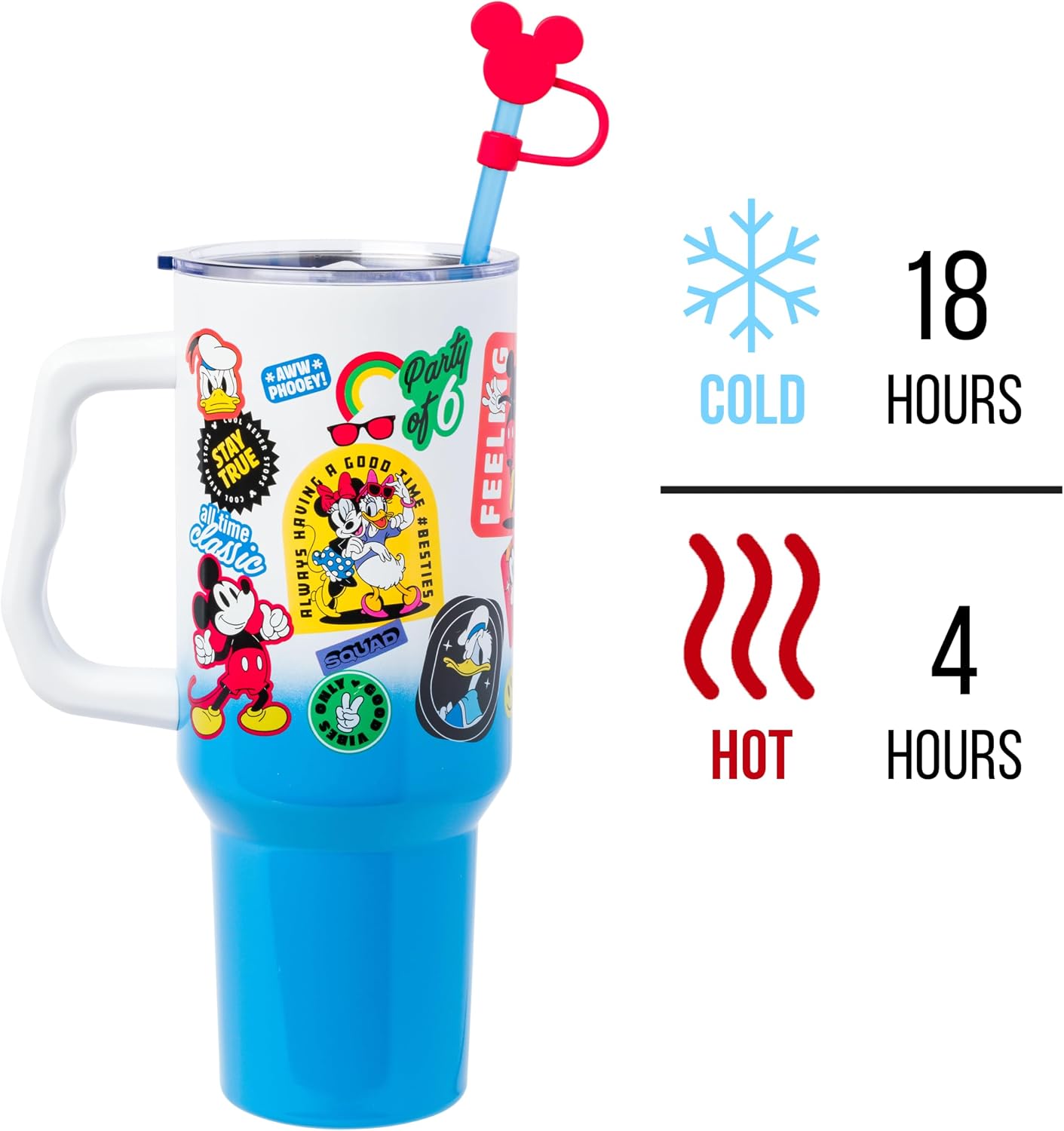 Silver Buffalo Disney Mickey and Friends Daisy, Donald Duck, Goofy, Pluto, Minnie Decals - Vaso de acero inoxidable de doble pared con asa, popote y tapa con pajilla, cabe en portavasos estándar, 40