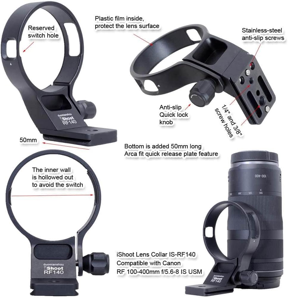 iShoot Metal Camera Ring Tripod Mount Ring, Lens Support Collar, Lens Bracket Collar, Tripod Socket, Compatible with Canon RF 100-400mm f/5.6-8 IS USM, Bottom is Quick Release Plate with 1/4 3/8 Screw