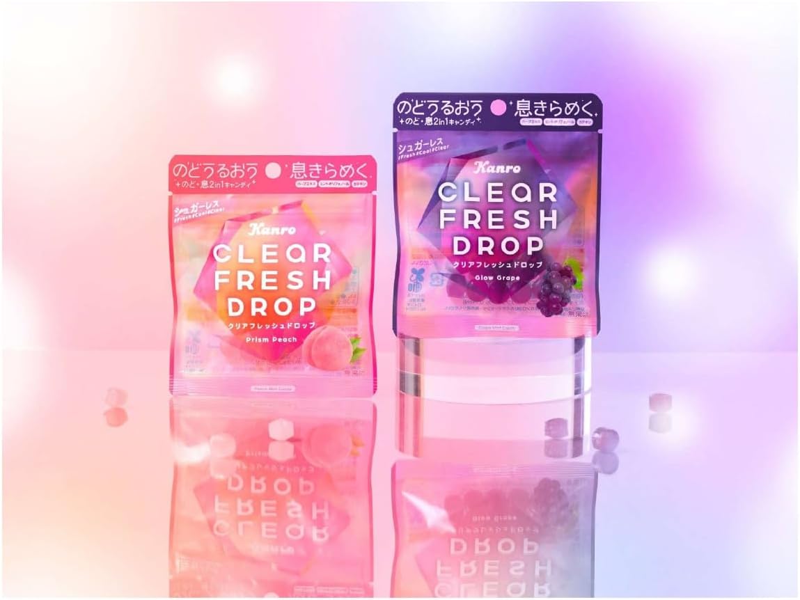 【4袋 お試し】 クリアフレッシュドロップ グロウグレープ＆プリズムピーチ 小袋セット 各15g のど飴 ミントキャンディ リフレッシュキャンディ (4袋(各2袋))