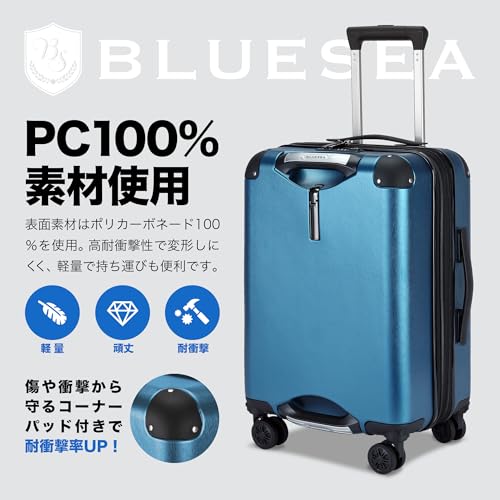BlueSea BSSC08 Suitcase, Carrying Case, Carry Bag, Carry-on Bag, Grip Function, Expanded Size, 100% PC, TSA Lock, Double Casters with Hook Function, Cup Holder, Silent, Shock Resistant, Ultra