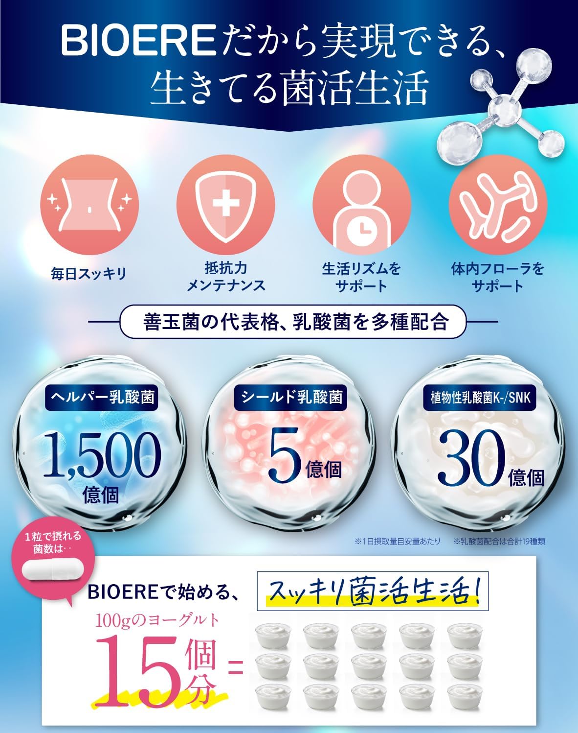 【Living Bacteria Activity Lactobacillus, Lactic Acid Bacteria, Bifidobacterium】BIOERE Lactobacillus 4.5 Trillion Units, Bifidobacterium, Lactic Acid Bacteria Supplement, 30-Day Supply, Domestically