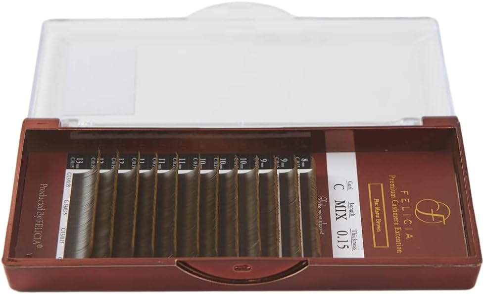 FELICIA Ash Brown Flat Lash, Ultra Soft Eyelash Extension, Single MatteTec Eyelash, C Curl, 0.06 inch (0.15 mm), Thickness 0.3 - 0.5 inch (8 - 13 mm), Mixed