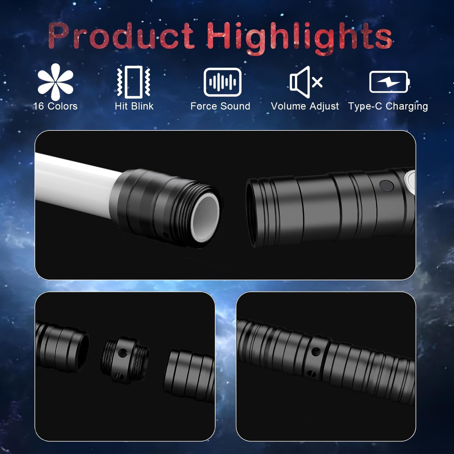 Oueyes Sables de luz con empuñadura de metal para duelo, sables de luz RGB de 16 colores, sonido FX, hoja doble, espada recargable para niños y adultos, regalo para cumpleaños, Acción de Gracias